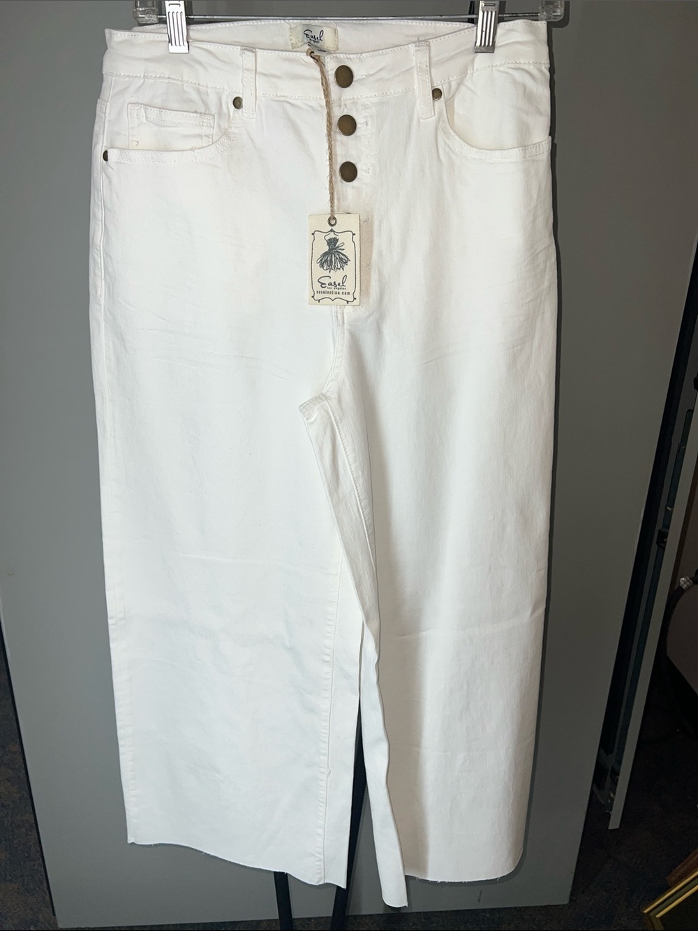easel White Wide-Leg High-Rise Jeans with Front Slit